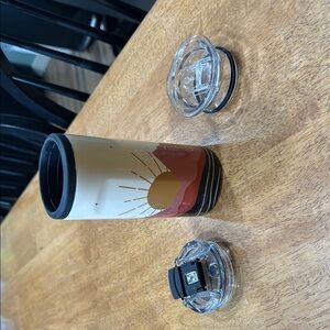 Cream and Red Office Mug with Secure Lid